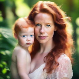 A beautiful young mother with ginger hair and a fierce look