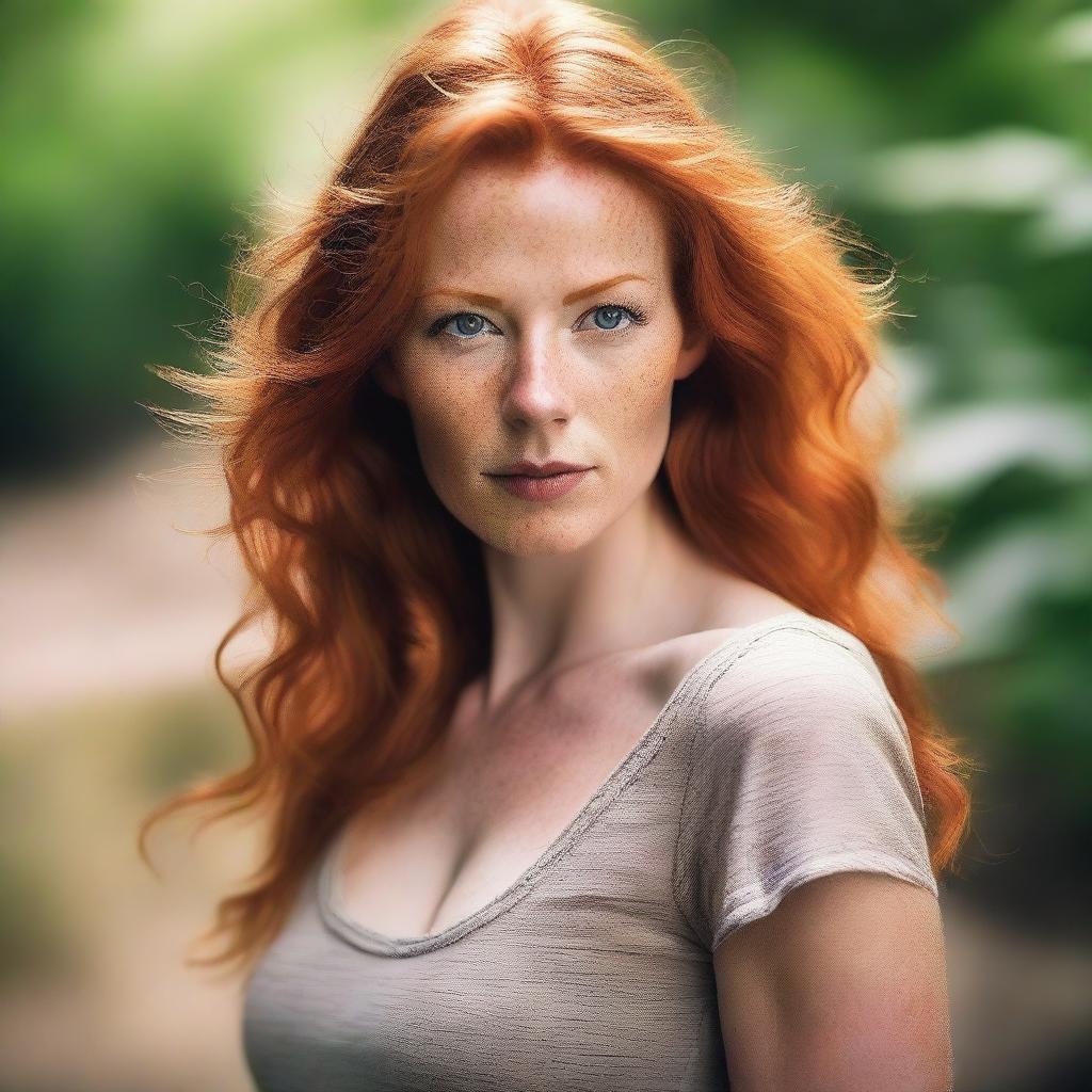 A beautiful young mother with ginger hair and a fierce look