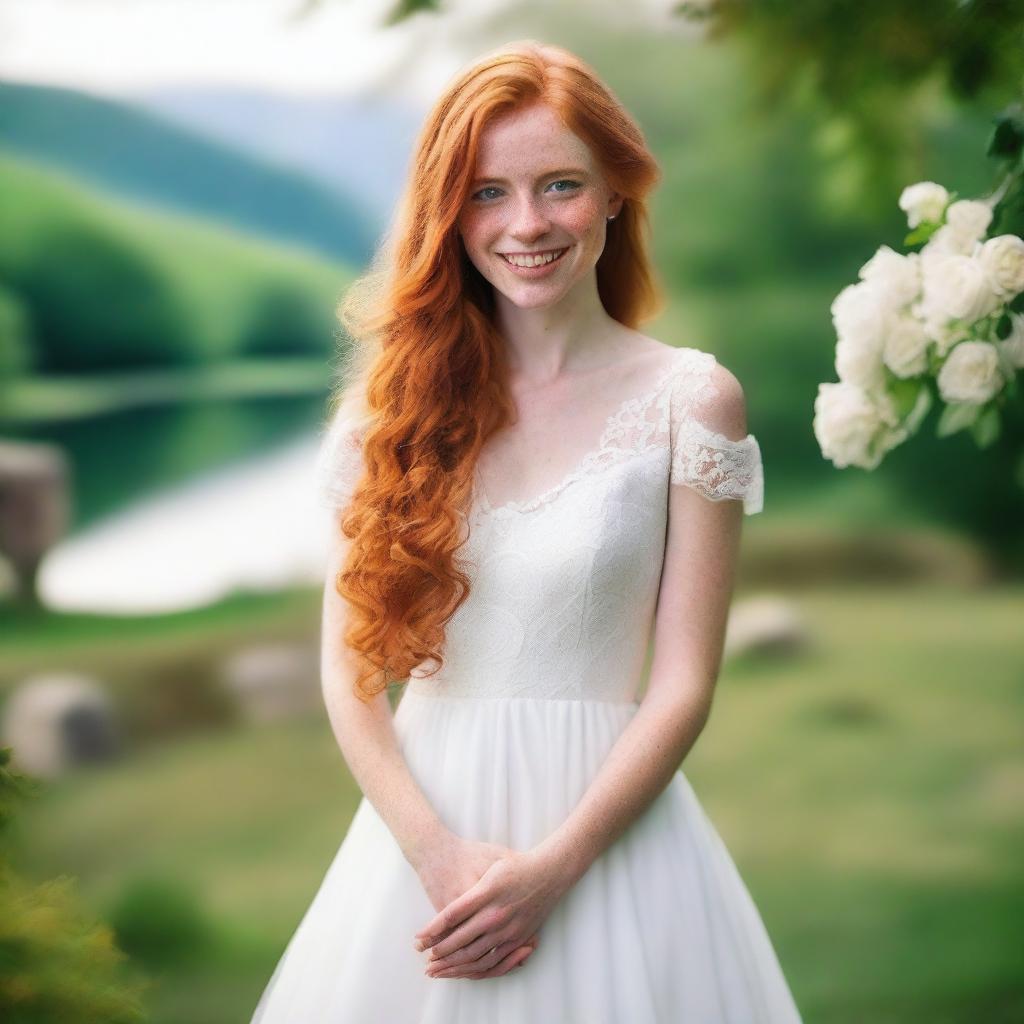 A beautiful young woman with long ginger hair, green eyes, and white skin with freckles, smiling warmly