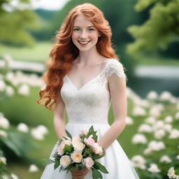 A beautiful young woman with long ginger hair, green eyes, and white skin with freckles, smiling warmly