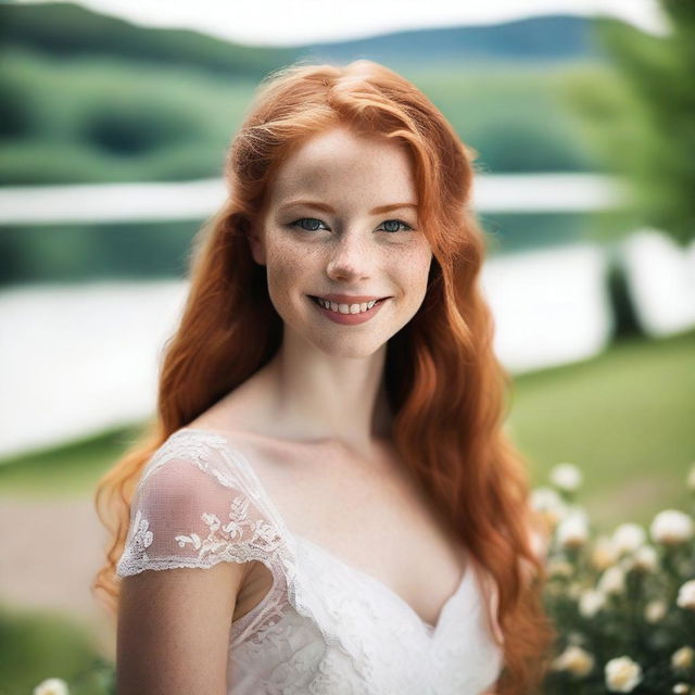 A beautiful young woman with long ginger hair, green eyes, and white skin with freckles, smiling warmly