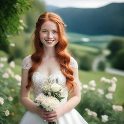 A beautiful young woman with long ginger hair, green eyes, and white skin with freckles, smiling warmly