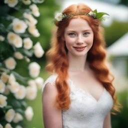 A beautiful young woman with long ginger hair, green eyes, and white skin with freckles, looking happy