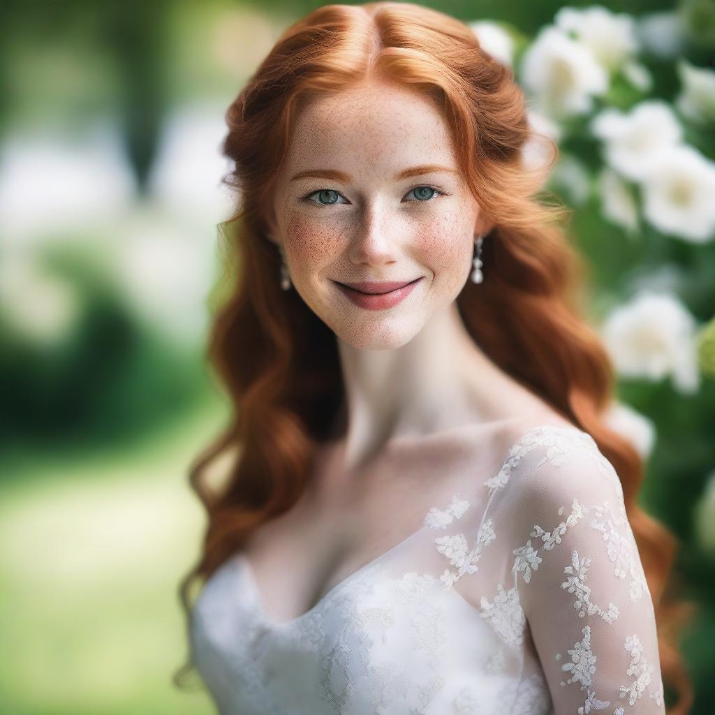 A beautiful young woman with long ginger hair, green eyes, and white skin with freckles, looking happy