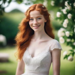 A beautiful young woman with long ginger hair, green eyes, and white skin with freckles, looking happy