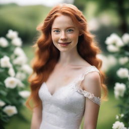 A beautiful young woman with long ginger hair, green eyes, and white skin with freckles, looking happy