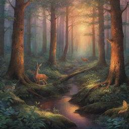 Illustrate an enchanting forest at dusk, teeming with vibrant wildlife and bathed in the ethereal glow of the setting sun.