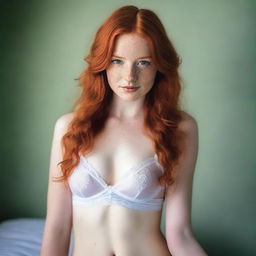 A beautiful young woman with long ginger hair, green eyes, and white skin with freckles, showcasing a petite body