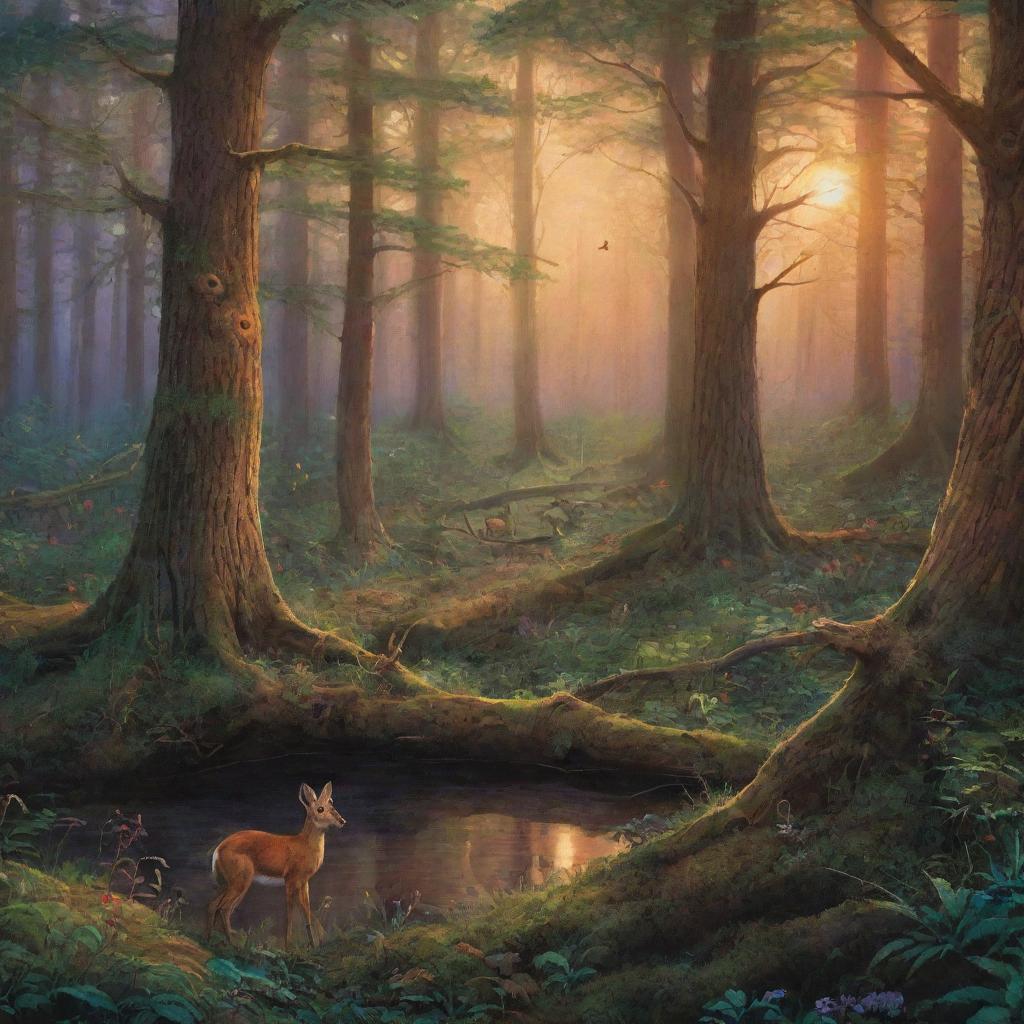 Illustrate an enchanting forest at dusk, teeming with vibrant wildlife and bathed in the ethereal glow of the setting sun.
