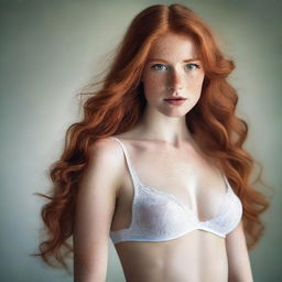 A beautiful young woman with long ginger hair, green eyes, and white skin with freckles