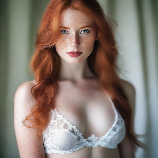 A beautiful young woman with long ginger hair, green eyes, and white skin with freckles