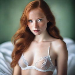 A beautiful young woman with long ginger hair, green eyes, and white skin with freckles, showcasing a petite body