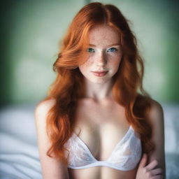 A beautiful young woman with long ginger hair, green eyes, and white skin with freckles, showcasing a petite body