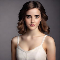 A beautiful young woman resembling Emma Watson, dressed in formal clothes