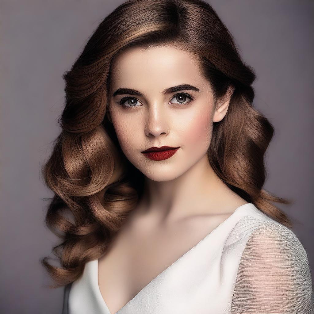 A beautiful young woman resembling Emma Watson, dressed in formal clothes