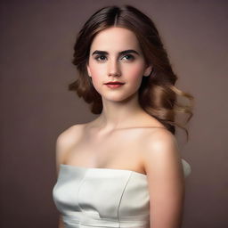 A beautiful young woman resembling Emma Watson, dressed in formal clothes