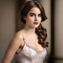 A beautiful young woman resembling Emma Watson, dressed in formal clothes