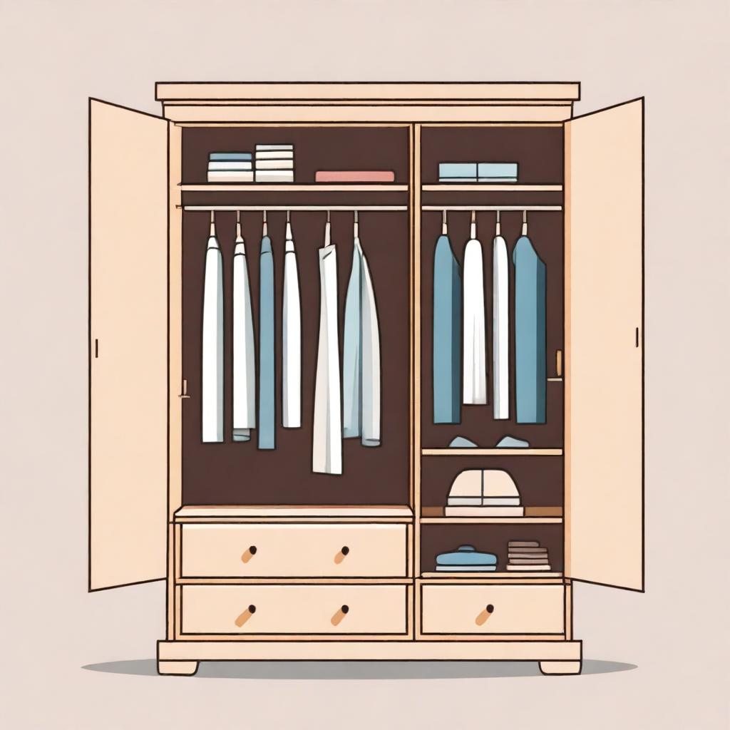 A detailed illustration of a wardrobe or clothing cabinet, showcasing its design and storage compartments