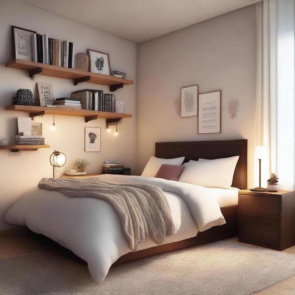 A cozy bedroom with soft lighting, a comfortable bed with plush pillows, a small desk with a laptop, and a bookshelf filled with books