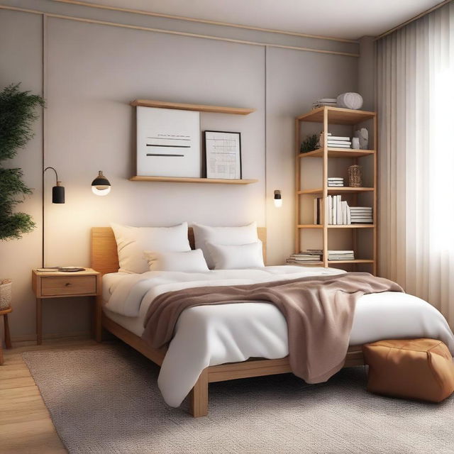 A cozy bedroom with soft lighting, a comfortable bed with plush pillows, a small desk with a laptop, and a bookshelf filled with books