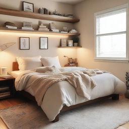 A cozy bedroom with soft lighting, a comfortable bed with plush pillows, a small desk with a laptop, and a bookshelf filled with books