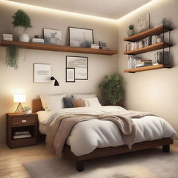 A cozy bedroom with soft lighting, a comfortable bed with plush pillows, a small desk with a laptop, and a bookshelf filled with books