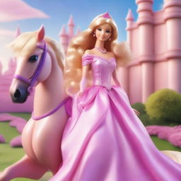 A beautiful Princess Barbie with curly blonde hair, wearing a stunning pink dress, is riding a majestic horse towards a grand castle in the background