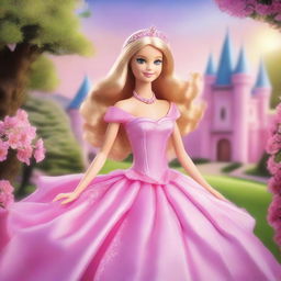 A beautiful Princess Barbie with curly blonde hair, wearing a stunning pink dress, is riding a majestic horse towards a grand castle in the background