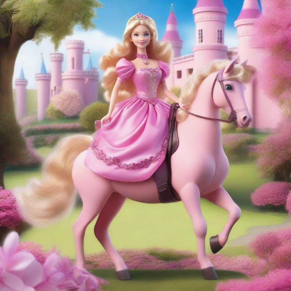 A beautiful Princess Barbie with curly blonde hair, wearing a stunning pink dress, is riding a majestic horse towards a grand castle in the background