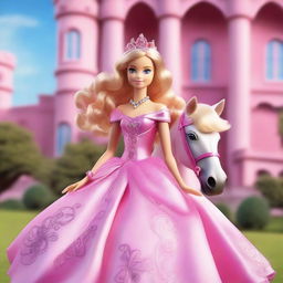 A beautiful Princess Barbie with curly blonde hair, wearing a stunning pink dress, is riding a majestic horse towards a grand castle in the background