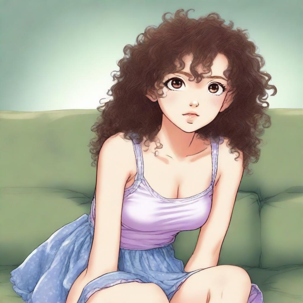 A young girl with curly hair is sitting on a couch