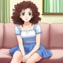 A young girl with curly hair is sitting on a couch