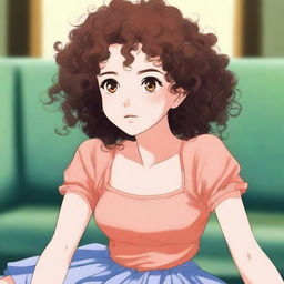 A young girl with curly hair is sitting on a couch