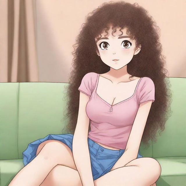 A young girl with curly hair is sitting on a couch