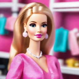 A realistic portrayal of Barbie, capturing her iconic look with detailed features, lifelike hair, and fashionable clothing