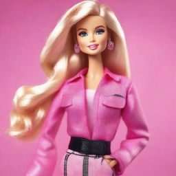 A realistic portrayal of Barbie, capturing her iconic look with detailed features, lifelike hair, and fashionable clothing