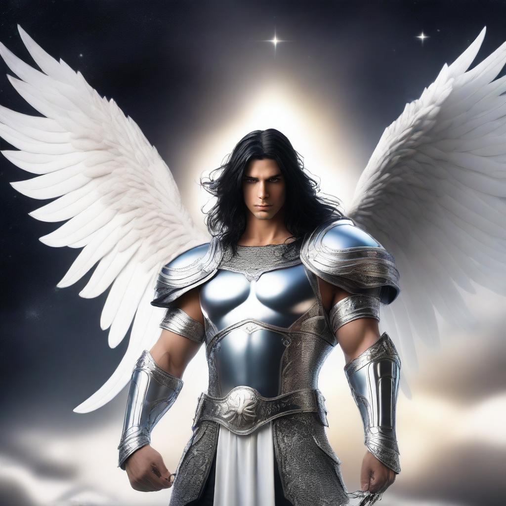 A majestic angel warrior with black long hair, male, standing in a heroic pose