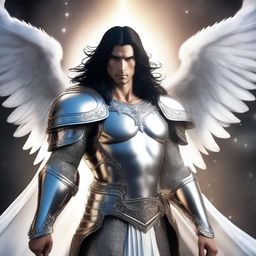 A majestic angel warrior with black long hair, male, standing in a heroic pose