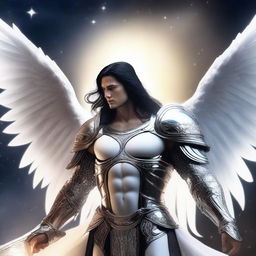 A majestic angel warrior with black long hair, male, standing in a heroic pose