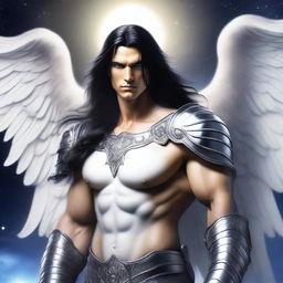 A majestic angel warrior with black long hair, male, standing in a heroic pose