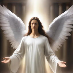 A majestic male angel with long brown hair and silver wings