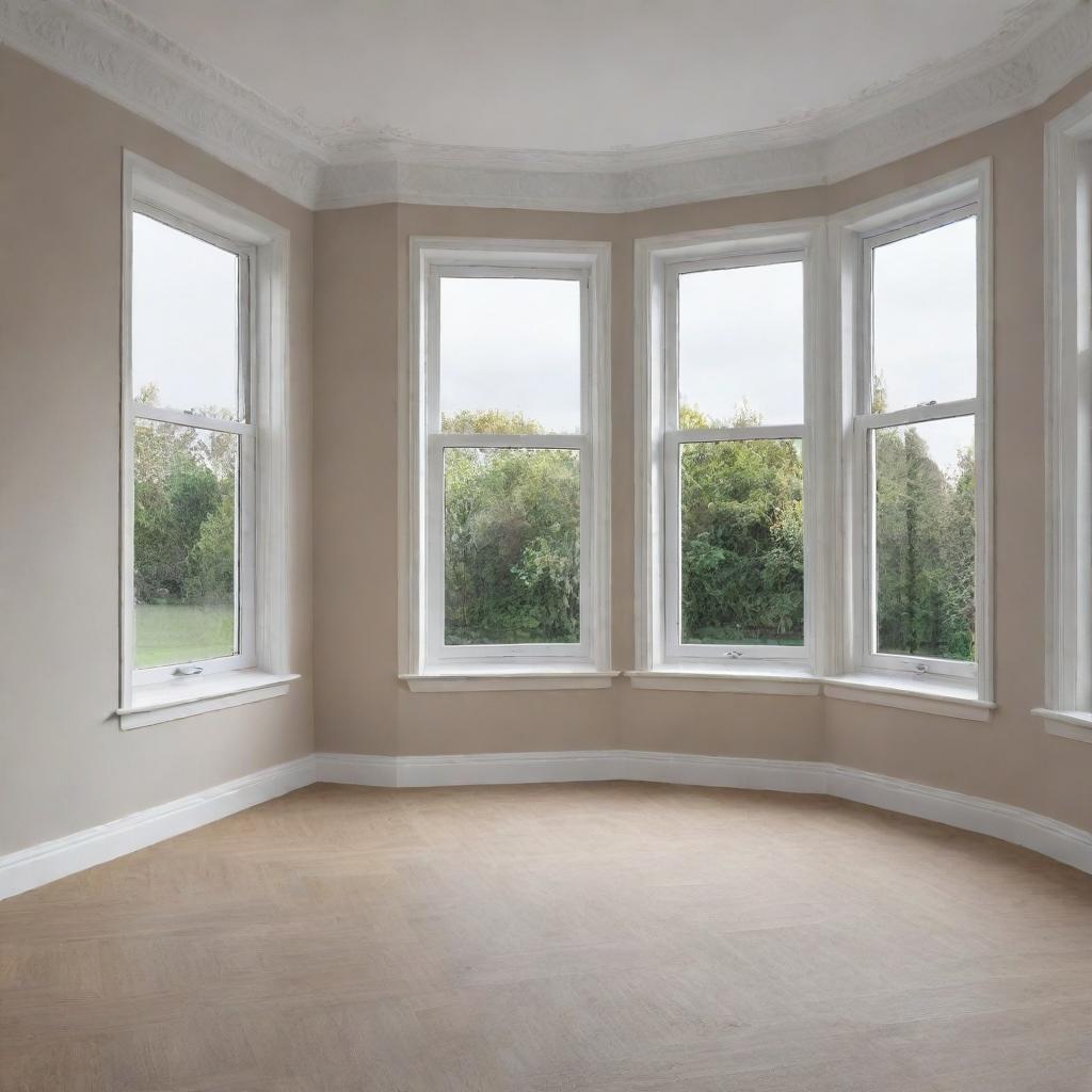 Visualize an empty 9 square meter room with a large bay window.