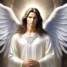 A majestic male angel with long brown hair and silver wings