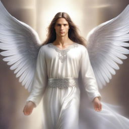 A majestic male angel with long brown hair and silver wings