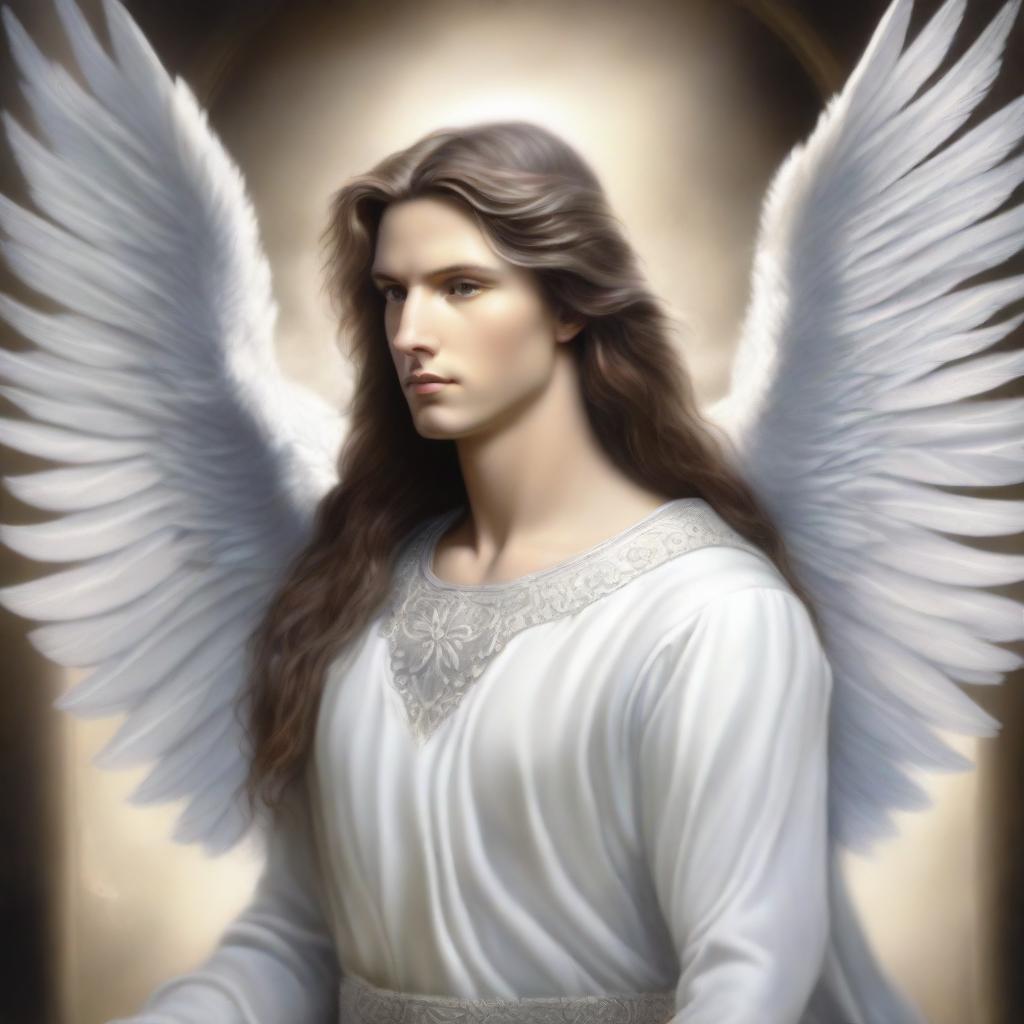 A majestic male angel with long brown hair and silver wings