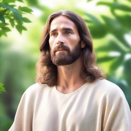 Create a serene and peaceful image of Jesus Christ, with a gentle expression, surrounded by a soft, glowing light