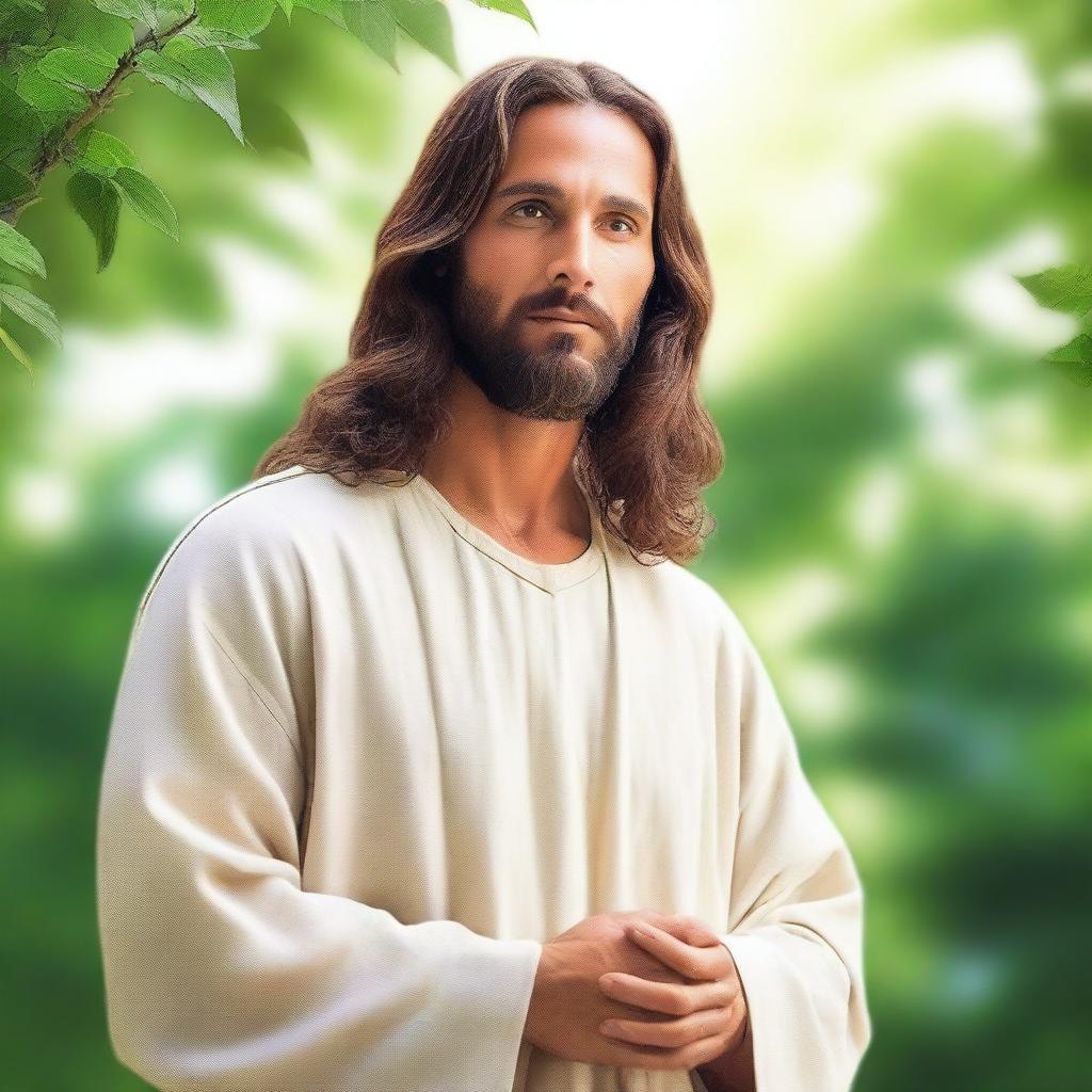 Create a serene and peaceful image of Jesus Christ, with a gentle expression, surrounded by a soft, glowing light