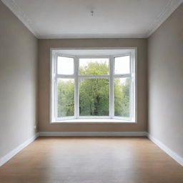 Visualize an empty 9 square meter room with a large bay window.