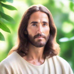 Create a serene and peaceful image of Jesus Christ, with a gentle expression, surrounded by a soft, glowing light