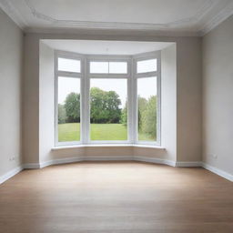 Visualize an empty 9 square meter room with a large bay window.